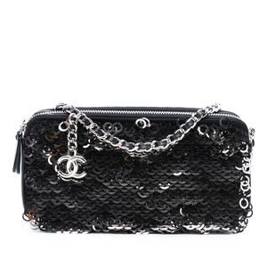 Pre-Loved Chanel CC Calfskin and Sequin Double Zip Wallet on Chain